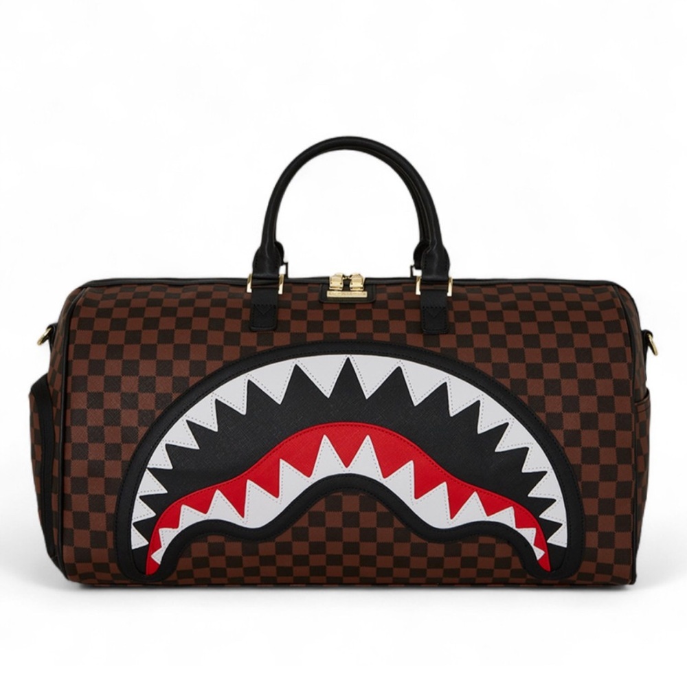 SOLD OUT FOREVER: SPRAYGROUND Brown Checkered Duffel Bag with Shark Design